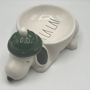 New Rae Dunn Snoopy Figural FA LA LA Bowl Winter Christmas Green Hat
